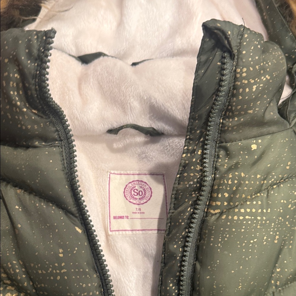Kids Olive Green Puffer Jacket with Faux Fur Hood